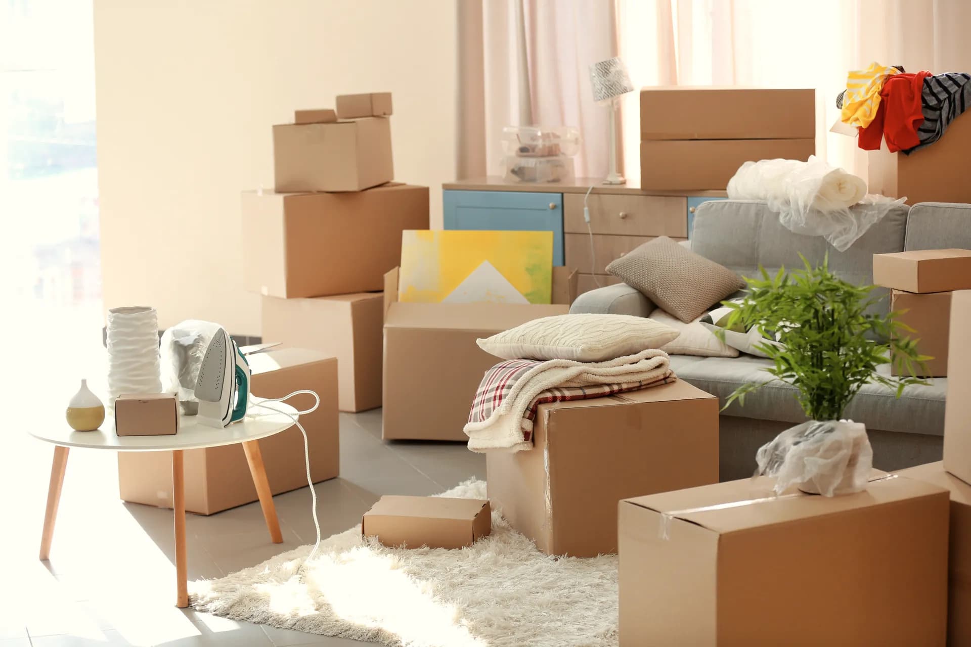 Moving boxes in a living room